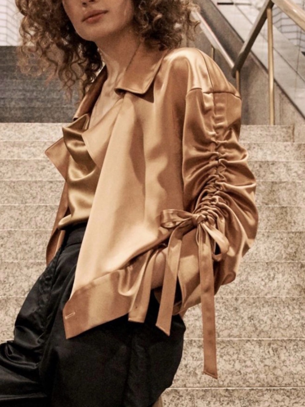 cinq a sept Satin Ruched Tie-Sleeve Top in Cinnamon